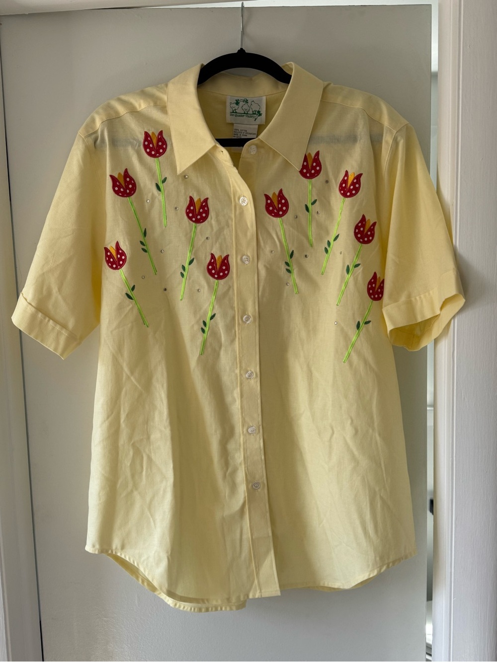 Quacker Factory Yellow Button-Down Shirt with Red Tulip Embroidery